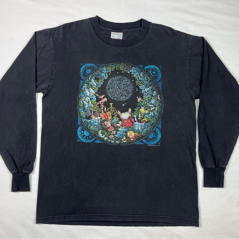 Vtg Astrologer Long Sleeve T-Shirt Sz Medium 90s Faded Black B6